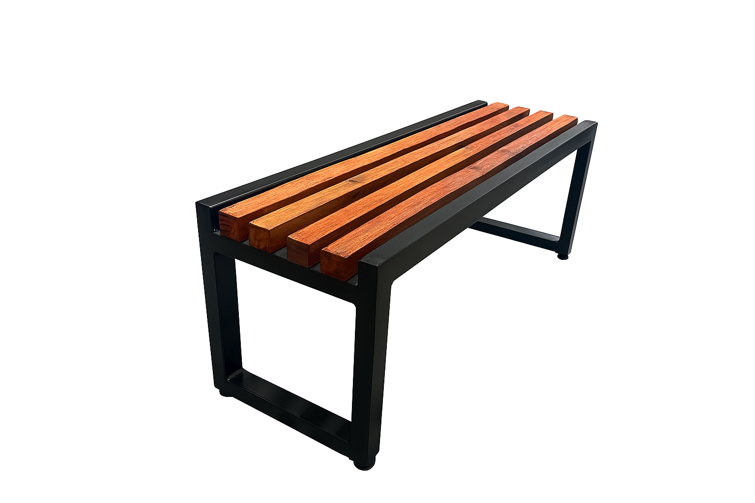 Bench with wooden slats and black frame on a white background