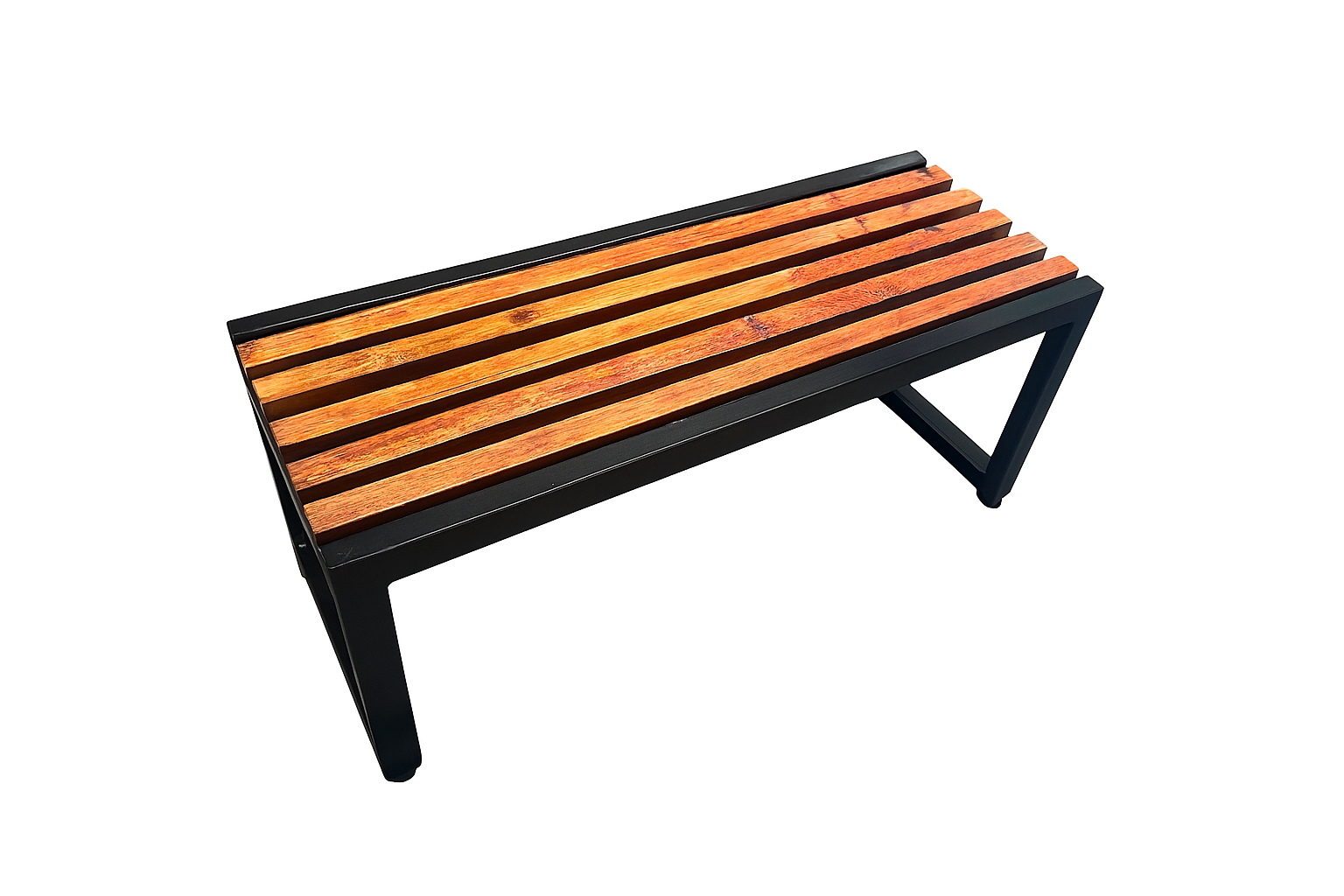Wooden bench with black metal frame on a white background