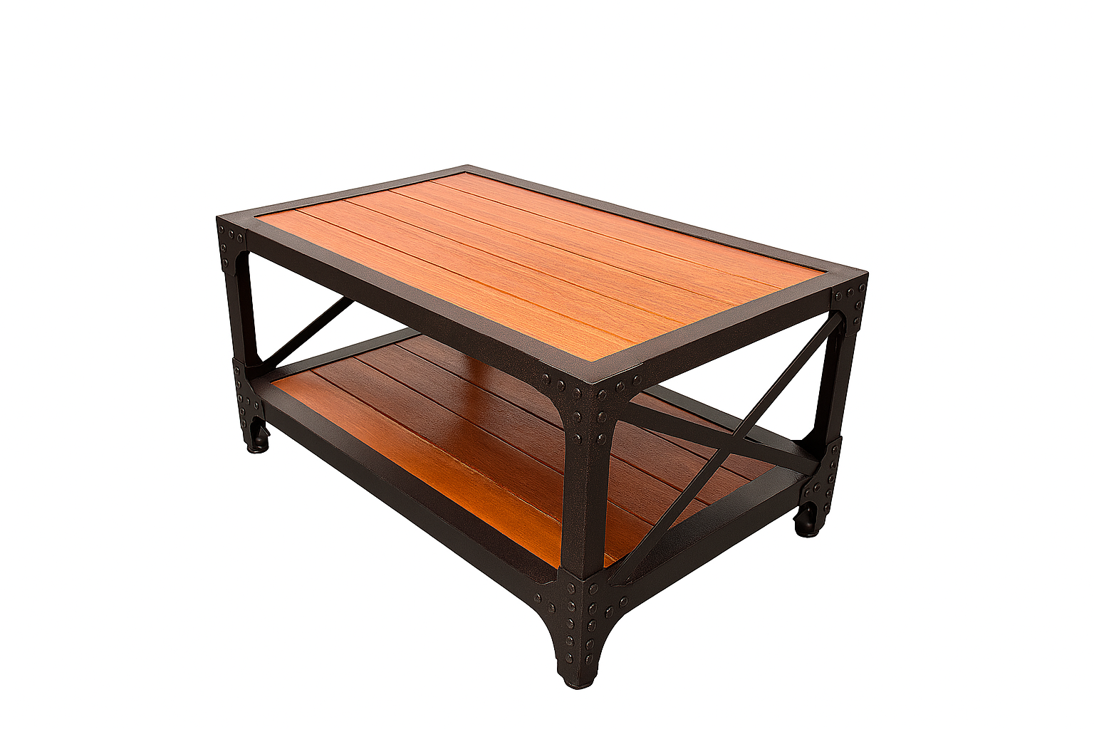 Wooden coffee table with metal frame on a white background