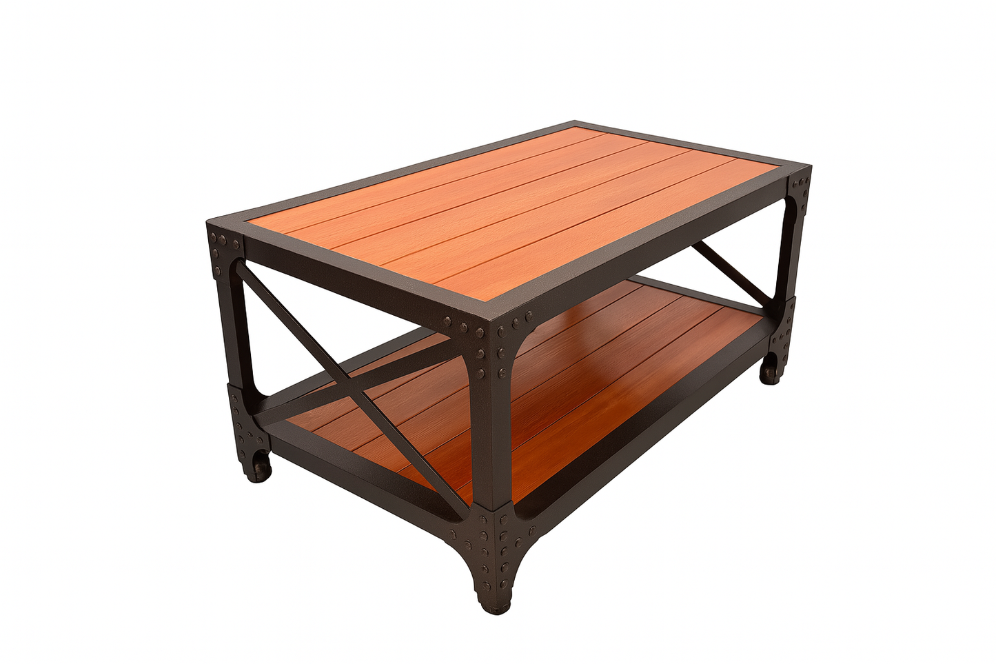 Wooden coffee table with black metal frame on a white background