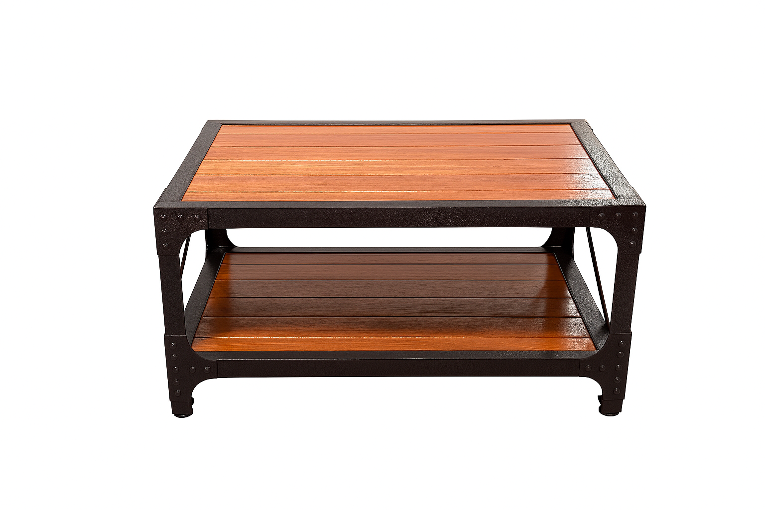 Wooden coffee table with metal frame on a white background