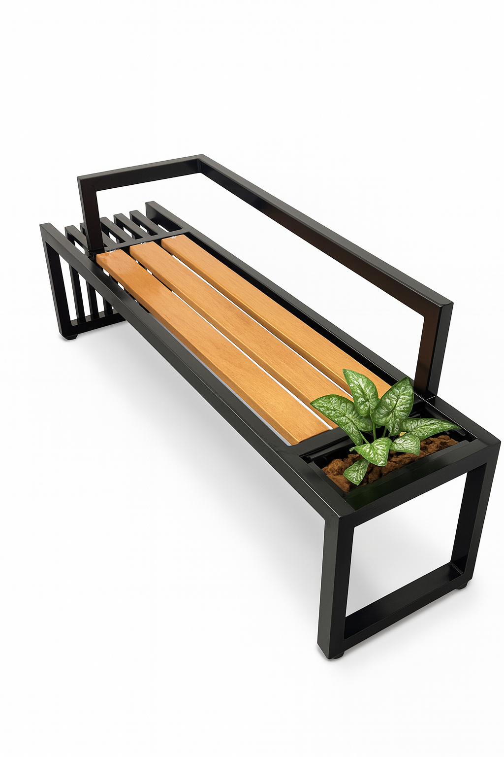 Modern bench with wooden slats and planters on a white background
