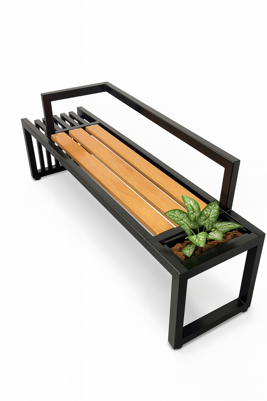 Modern bench with wooden slats and planters on a white background