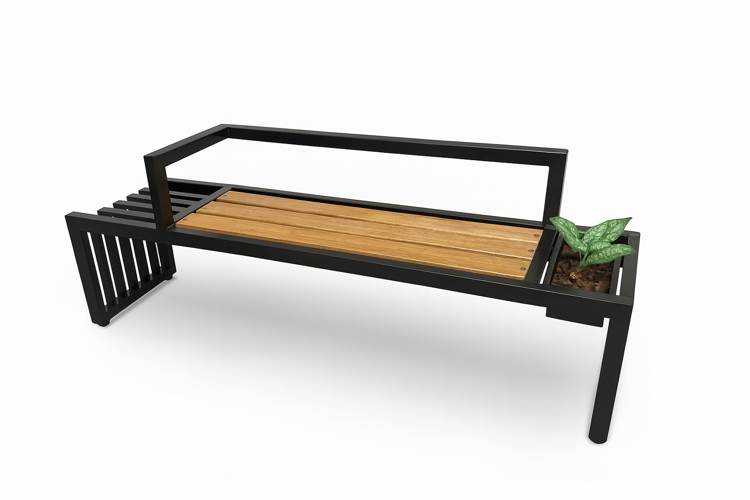 Black metal bench with wooden slats on a white background